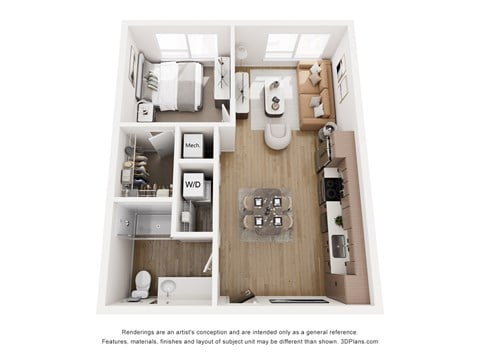 Floor plan for 1 bed, 1 bath, 615 sqft
